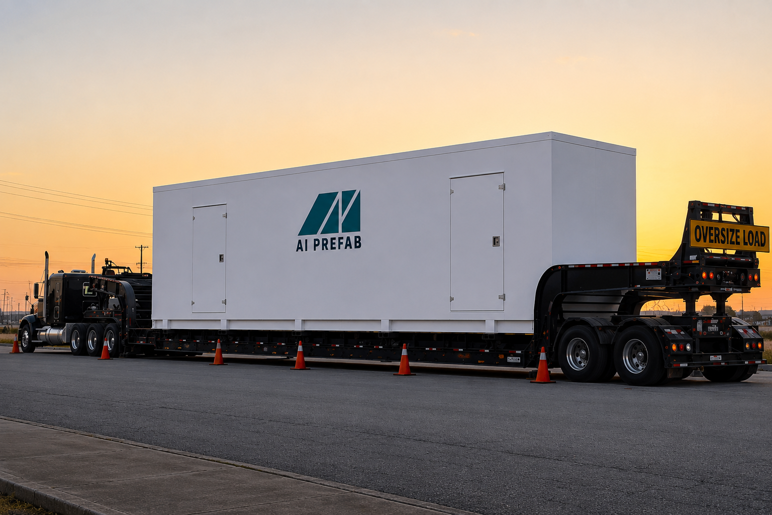 AI Prefab power module loaded on a trailer for transport at sunset