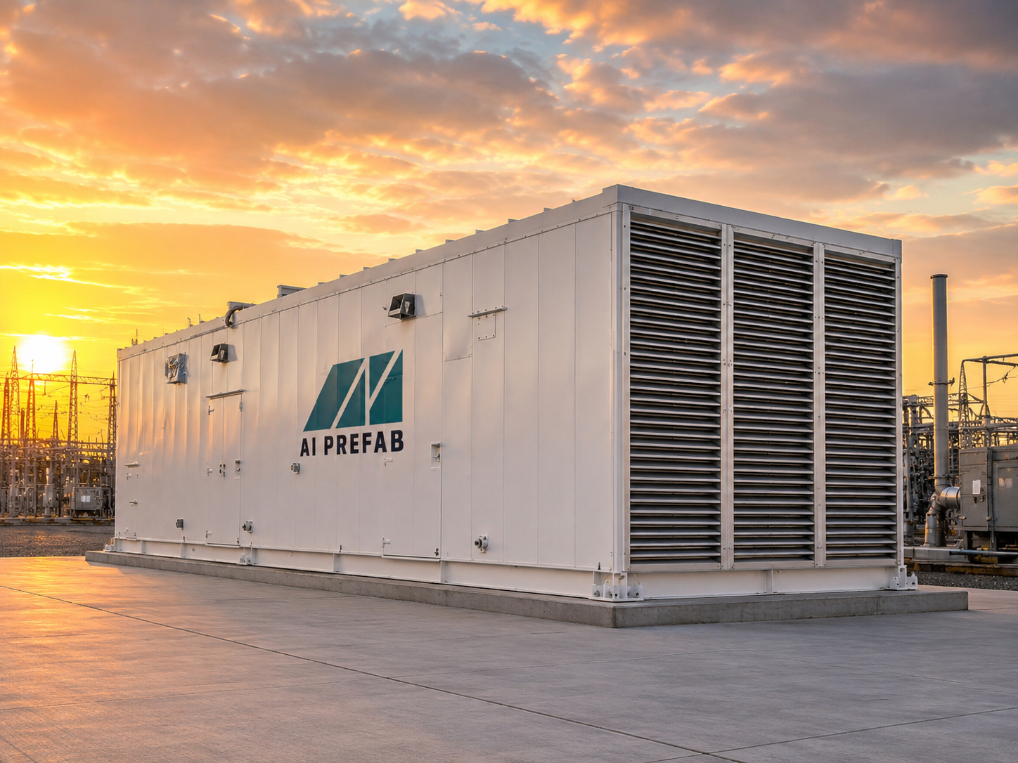 AI Prefab behind-the-meter power module at a substation at sunset