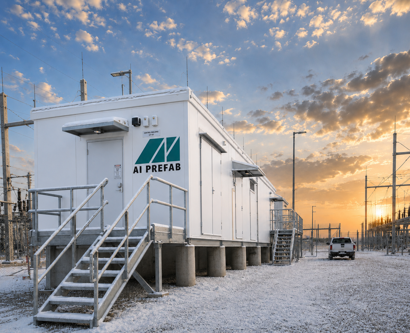 AI Prefab high voltage substation prefab control building at a snowy substation at sunset